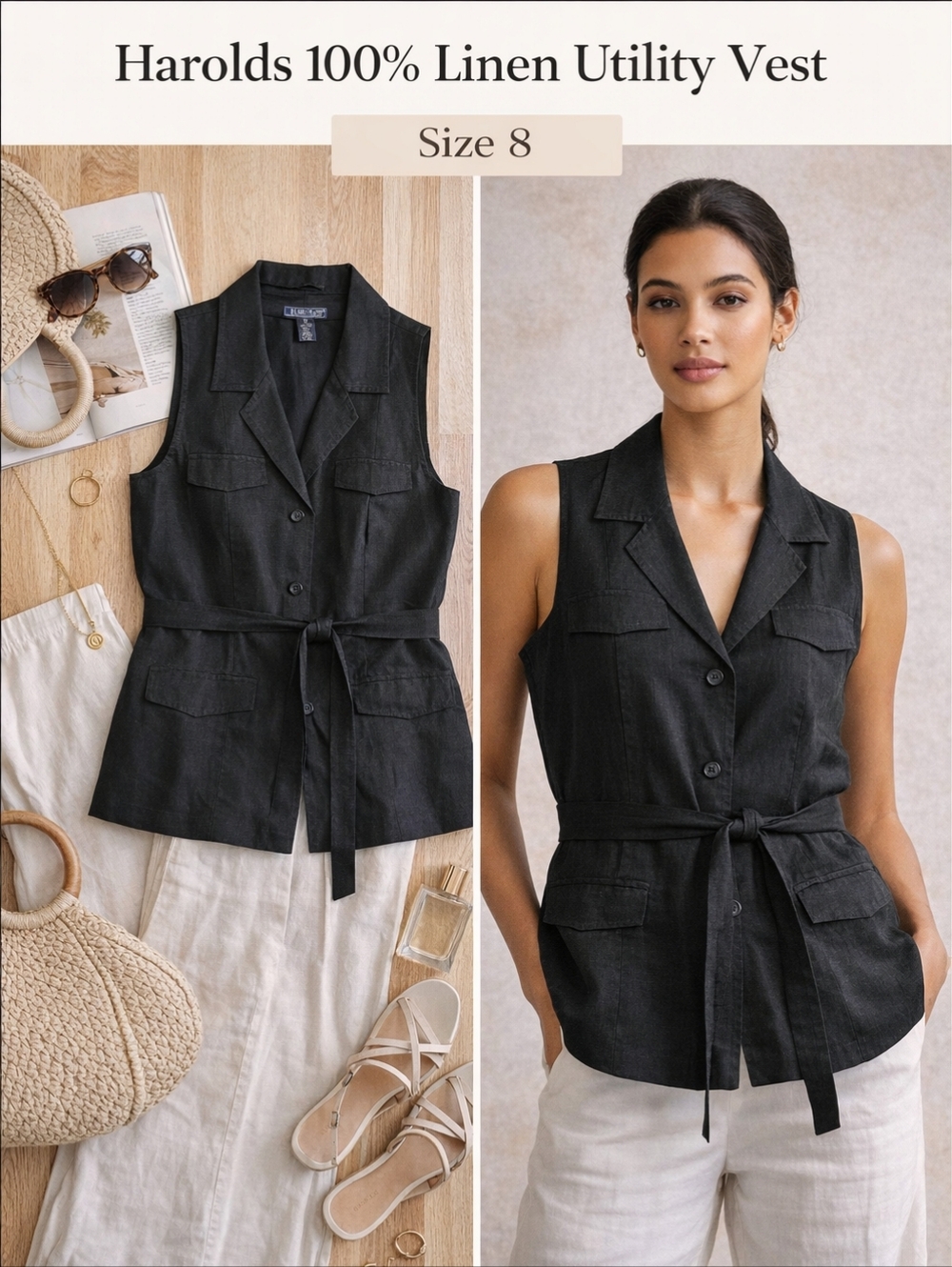 Harolds 100% Linen Black Vest Size 8 Belted Safari Utility Button Front
